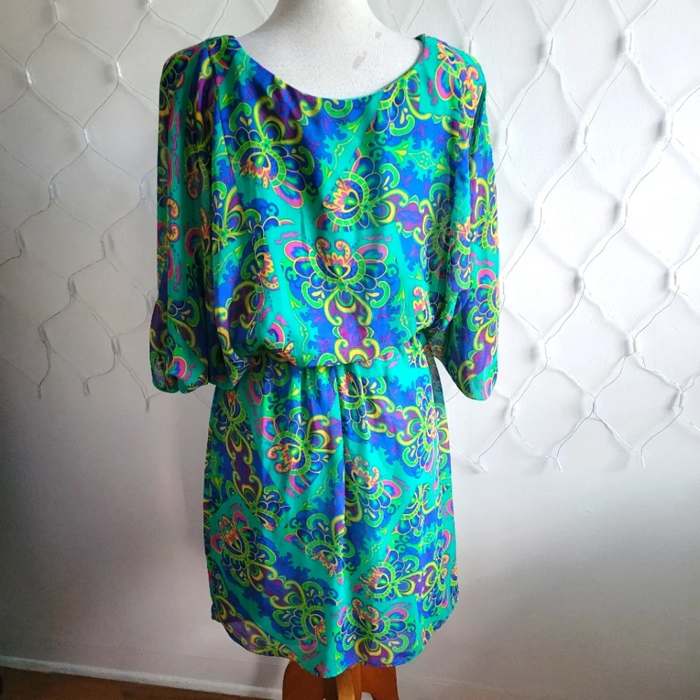 • Chadwicks • Flowy Dress • Belted Waist • Colorful Green Paisley / Size 8 - Picture 5 of 7